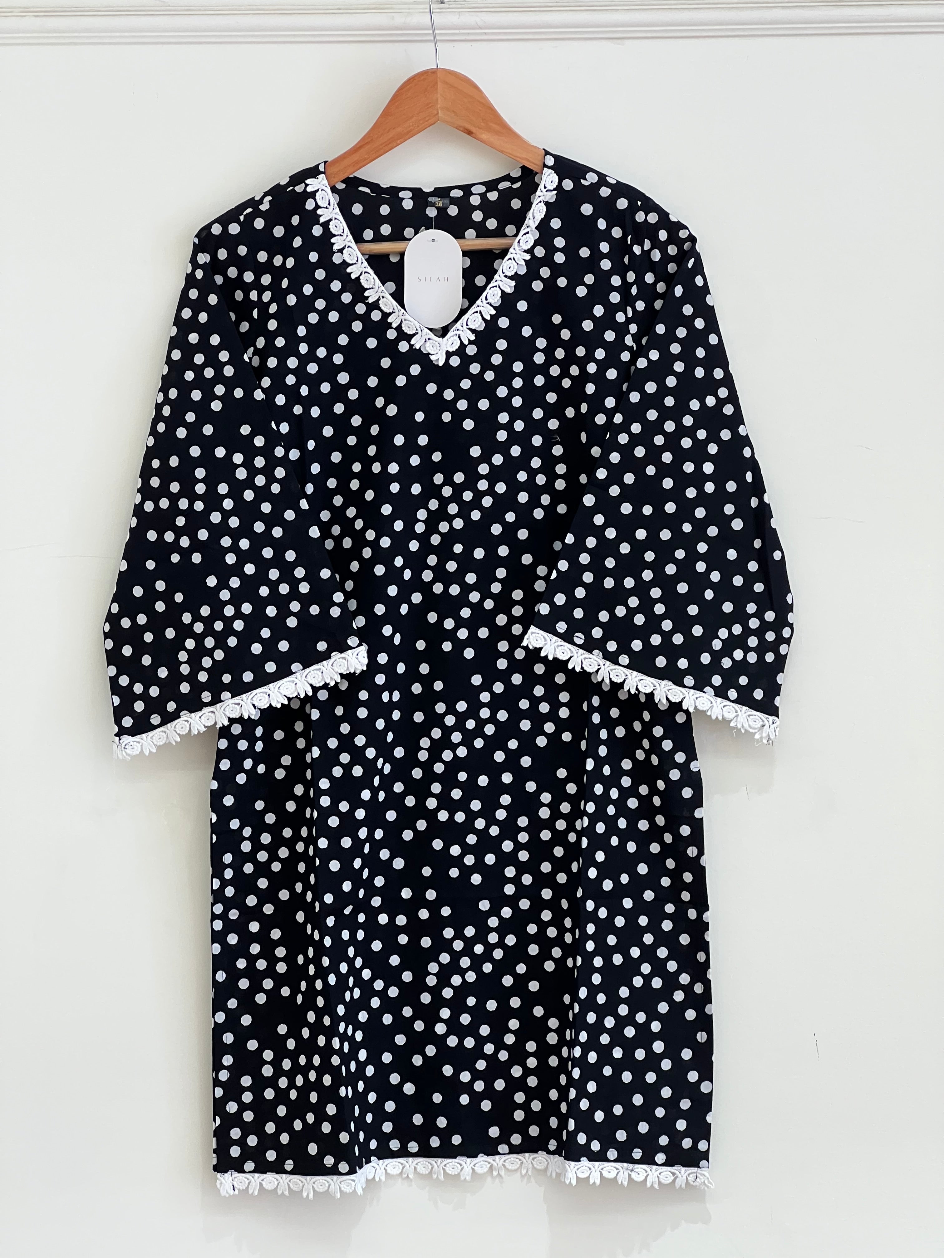 Black polka lace kurti - 15935