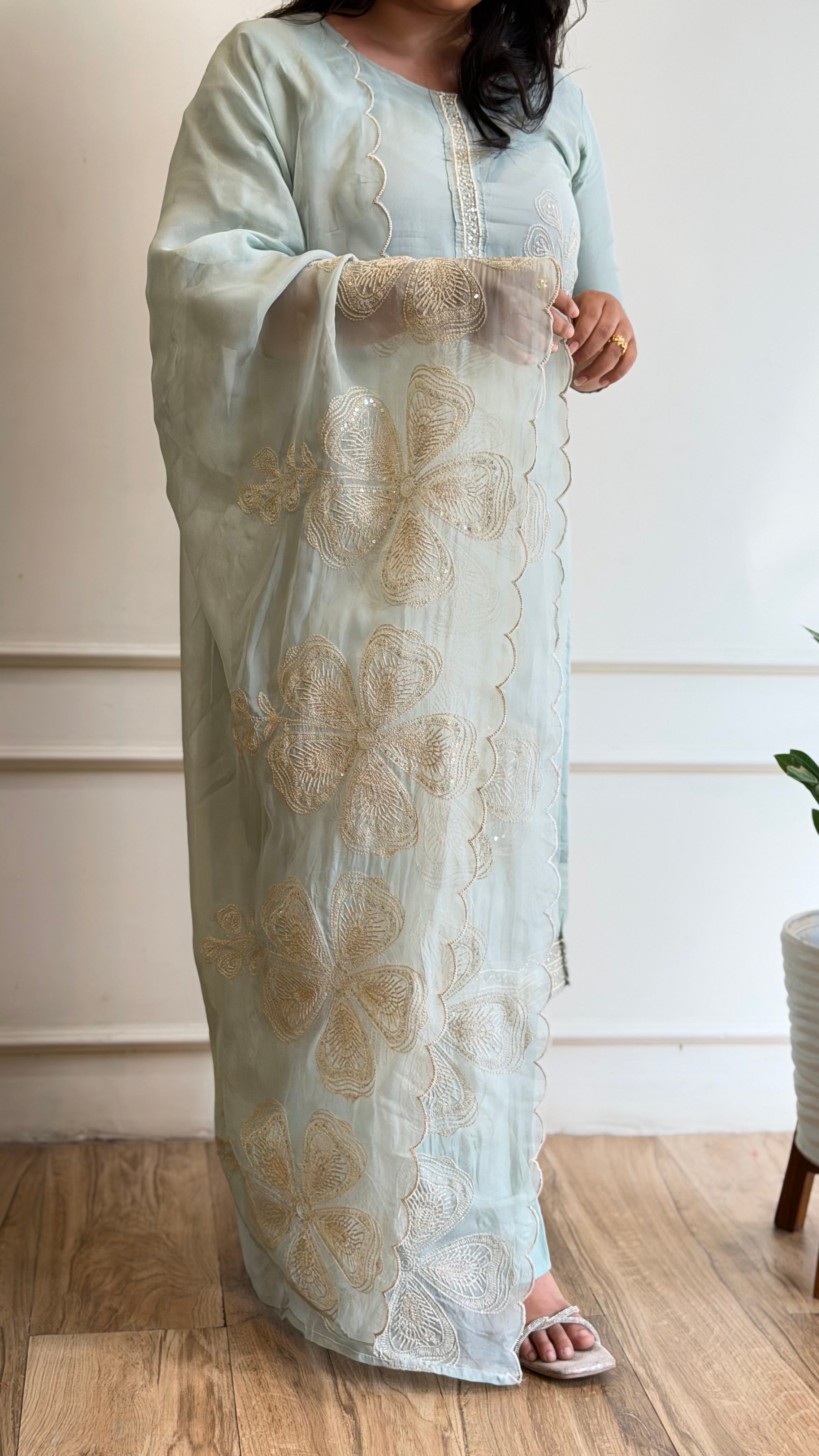 Sea green embroidered suit - 16153