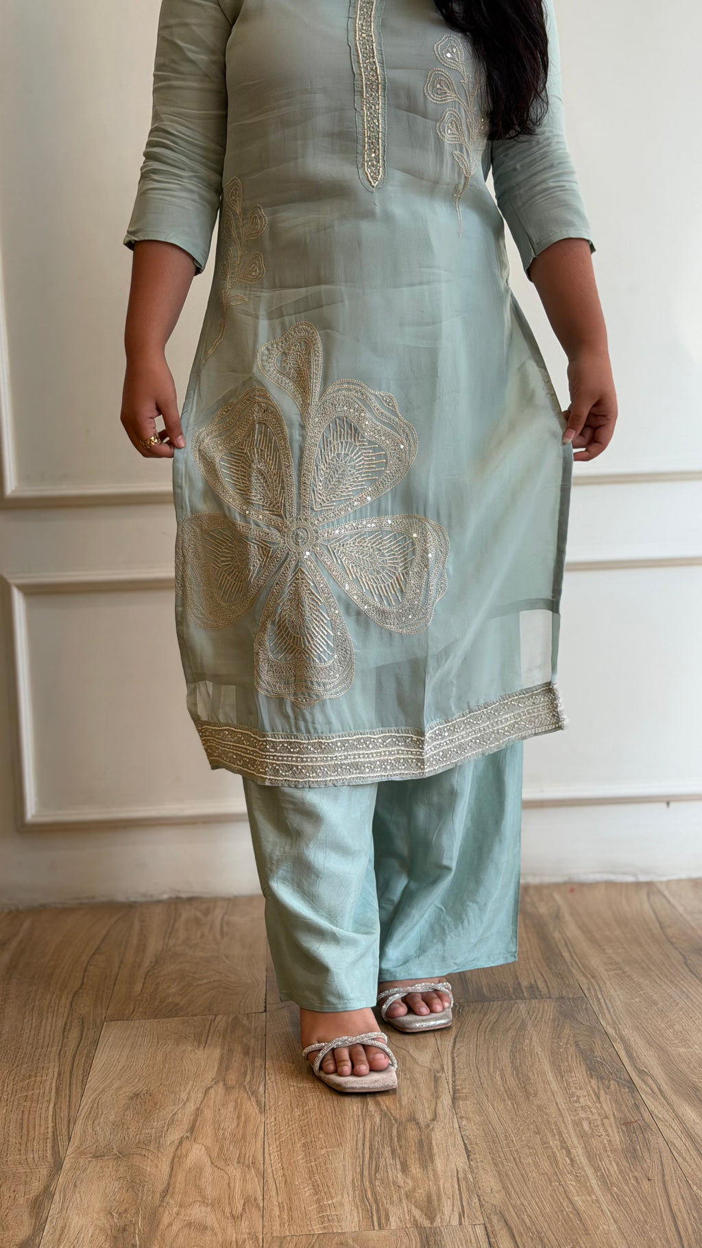 Sea green embroidered suit - 16153