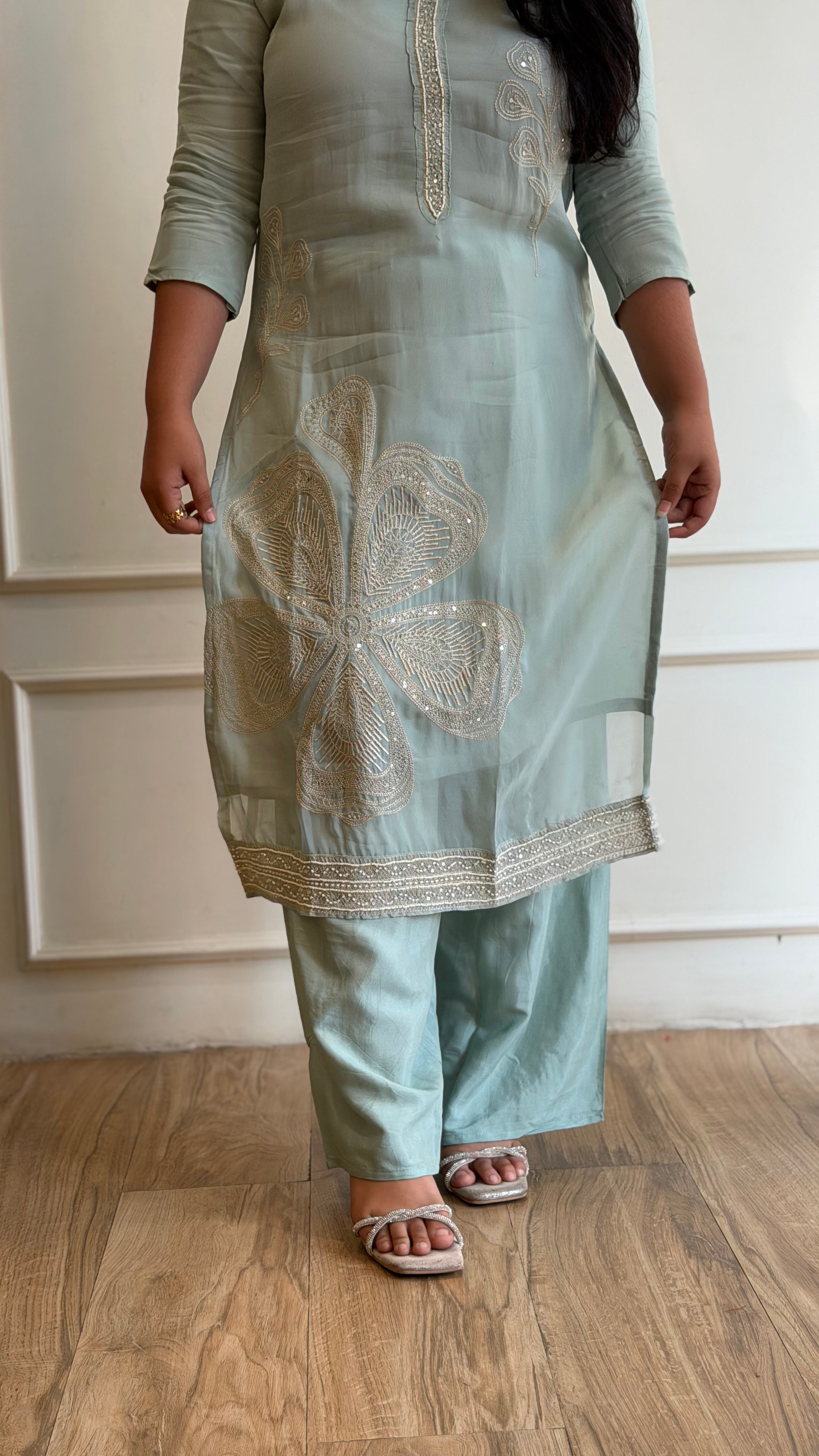Sea green embroidered suit - 16153