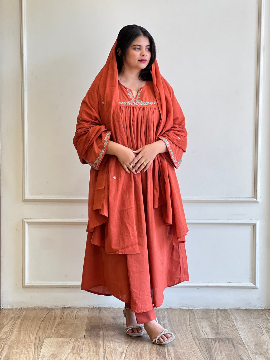 Brick embroidered anarkali suit - 16155