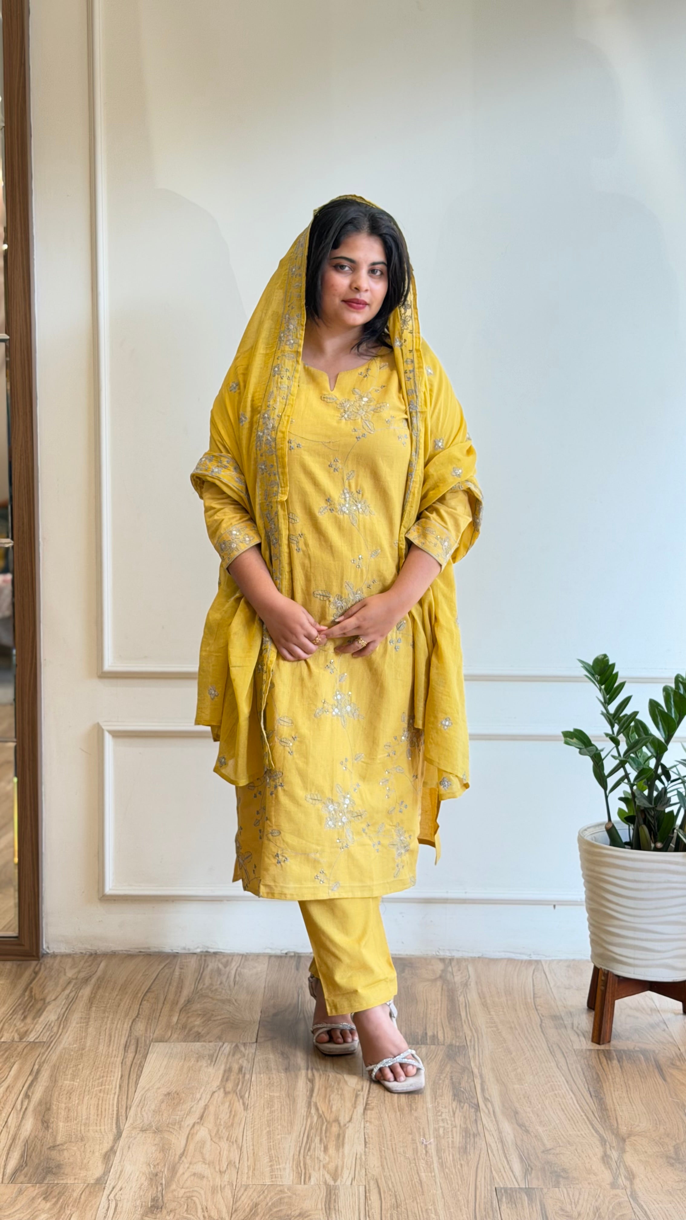 Yellow thread embroidered suit - 16159