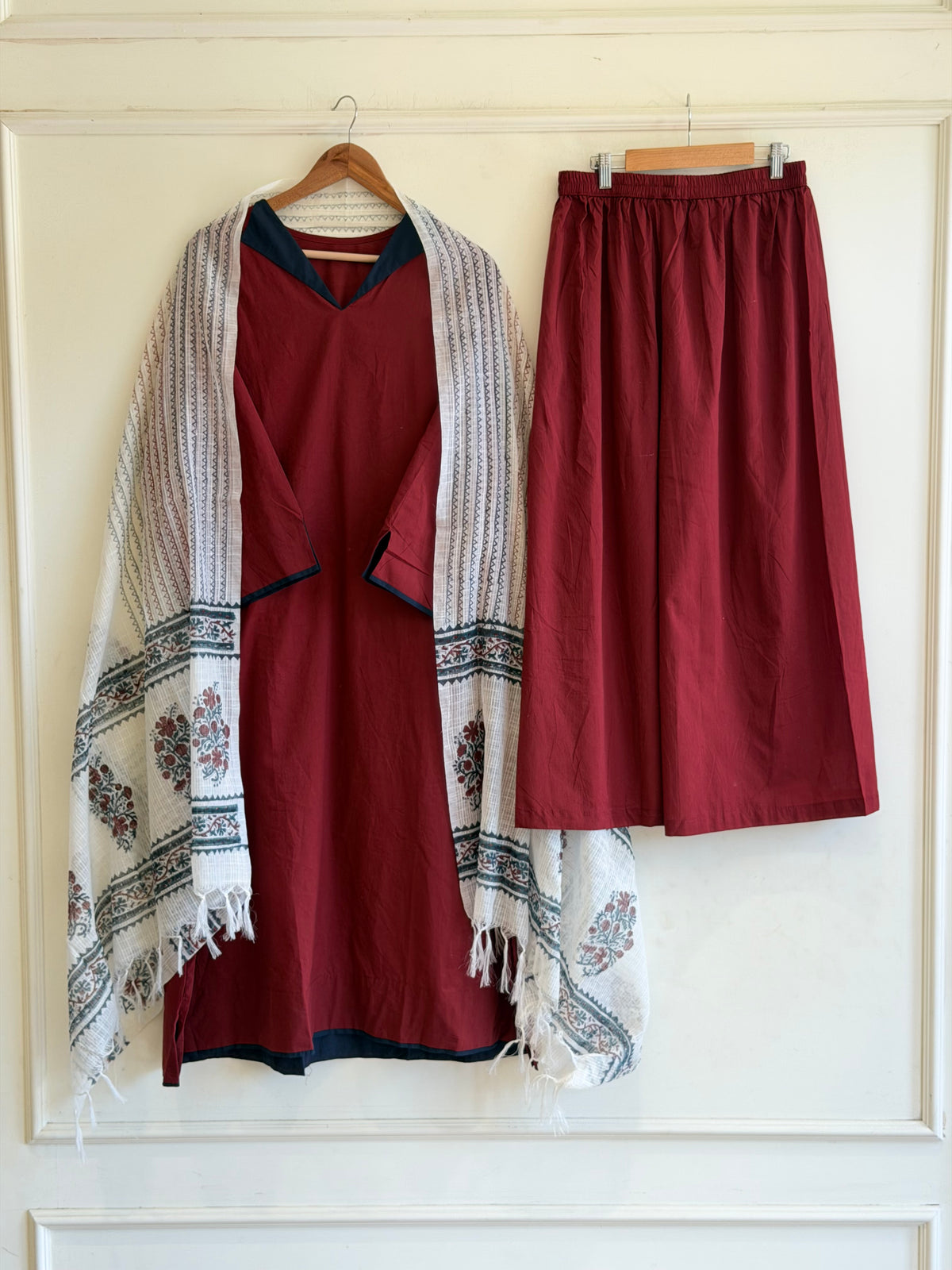Maroon Cotton Collar Style Kurta Set-17601