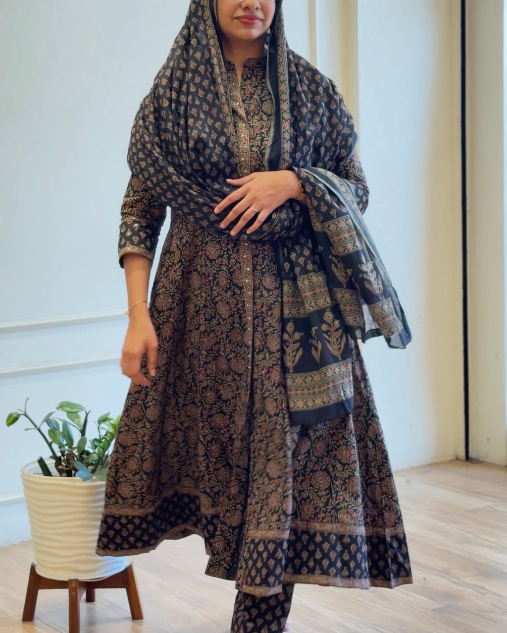 Cotton Ajrak Printed Anarkali Suit - 17477