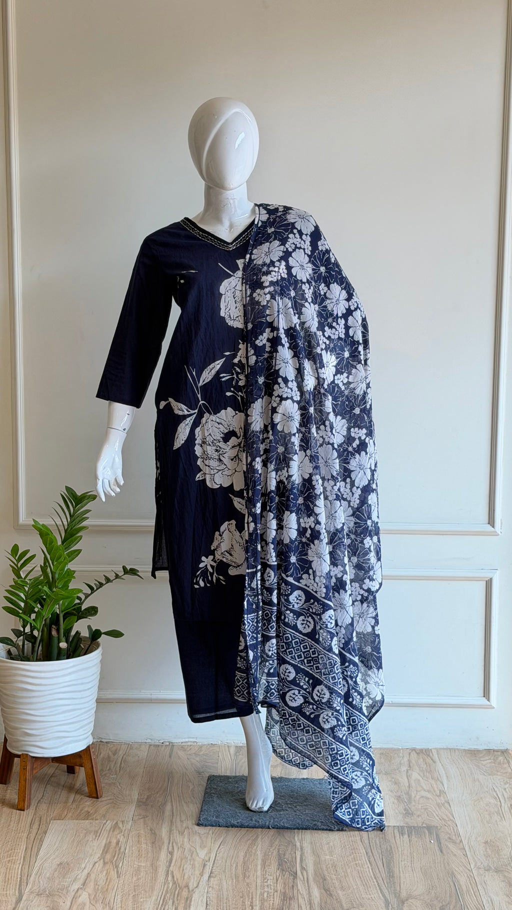 Navy blue floral cotton suit