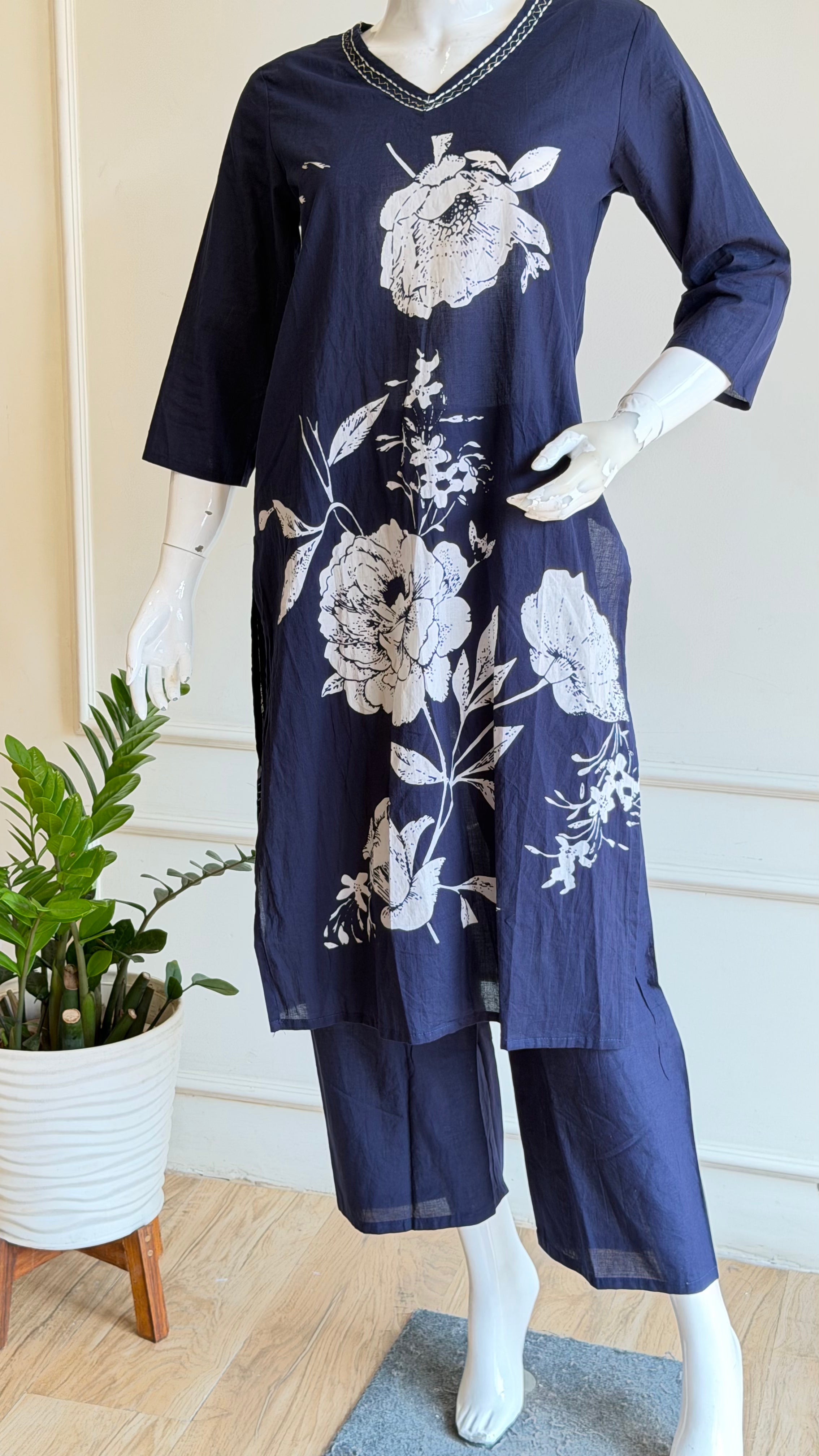 Navy blue floral cotton suit