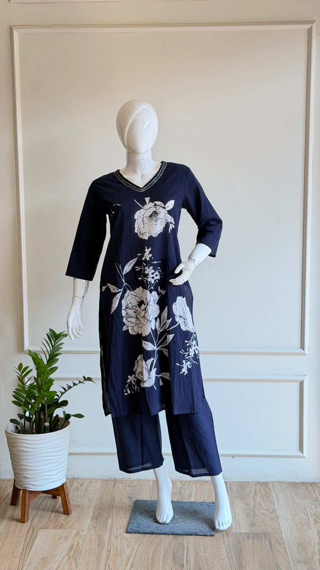 Navy blue floral cotton suit