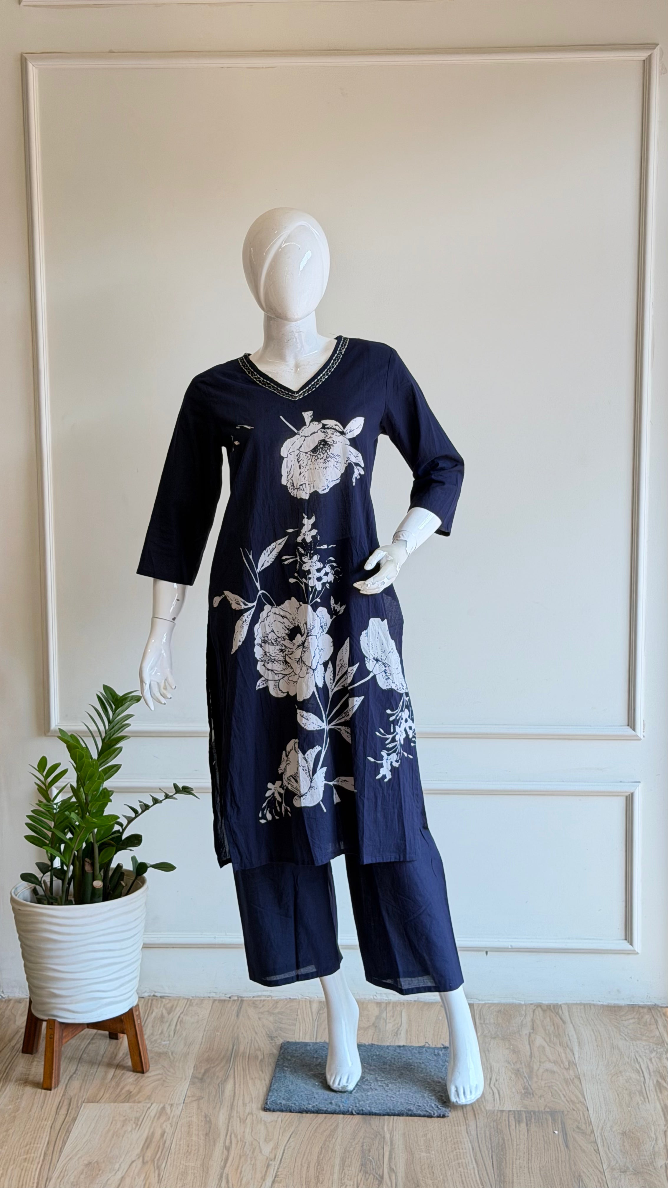 Navy blue floral cotton suit
